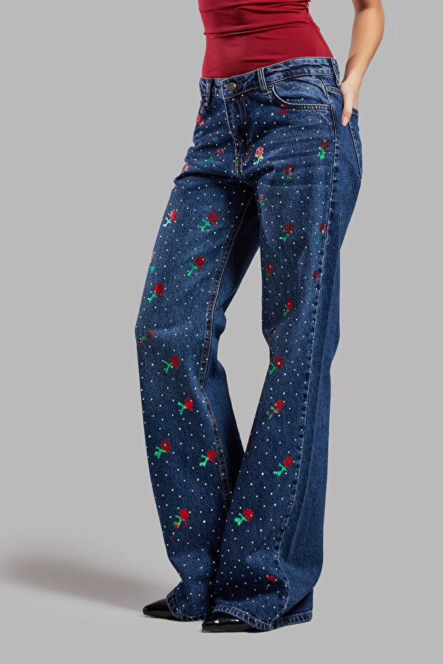 Women's Denim Color T2W48 Floral Printed Shiny Stone Loose Fit Design Denim Jeans