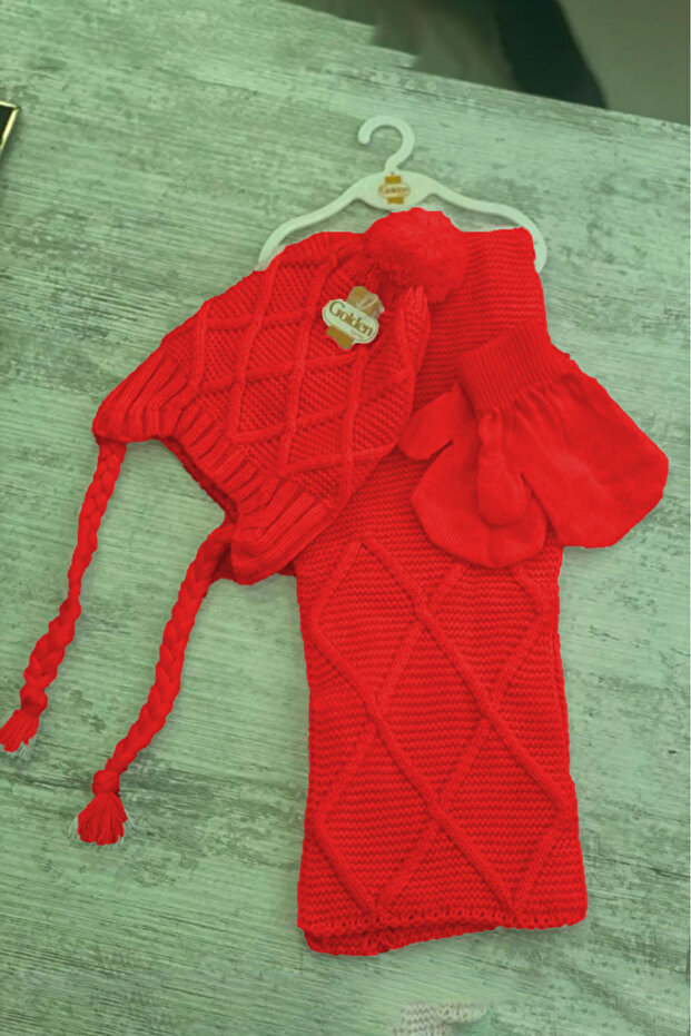 Çocuk Düz Tek Renk Triko Atkı Bere Eldiven Set Takım - 3