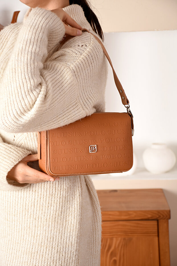 Women's Embossed Printed 5 Compartment Zipper Closure Shoulder Bag 4036-00 Tan