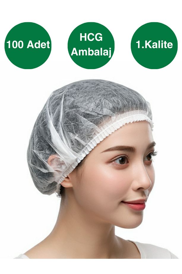 1. Kalite, Tek Kullanımlık Beyaz Bone, 52 CM, 100'lü Paket, Çift Lastikli - 2