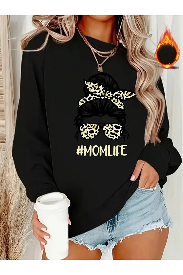 Women's Portrait Printed Crew Neck Oversize Black Sweatshirt
