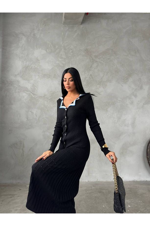 Yeni Model-Triko denizci yaka boydan düğmeli elbise Sumeya  model - 2