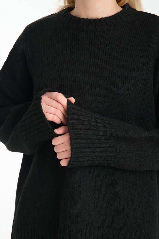 Oversize Basic Siyah Uzun Kadın Kazak - 4