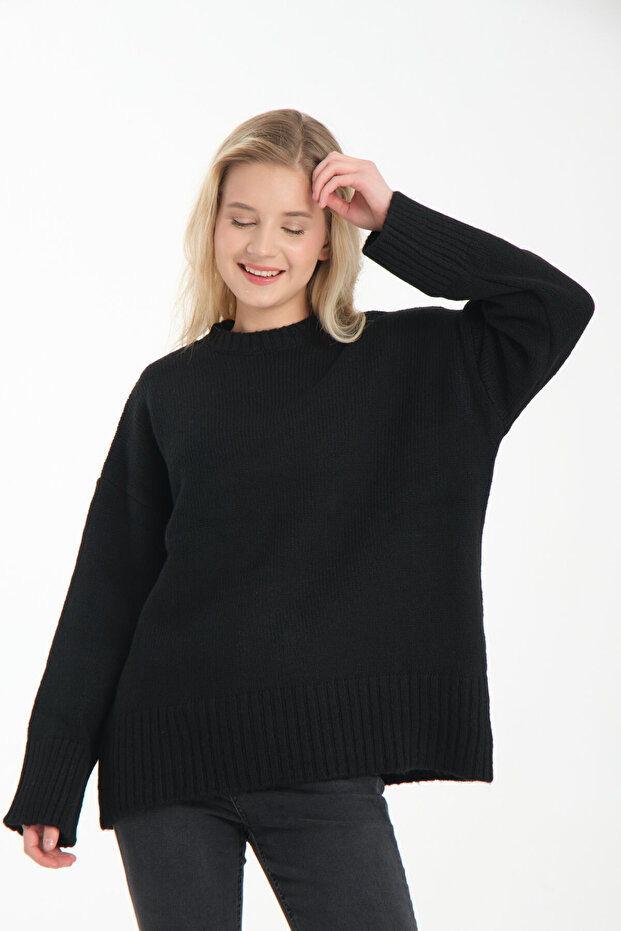 Oversize Basic Siyah Uzun Kadın Kazak - 1