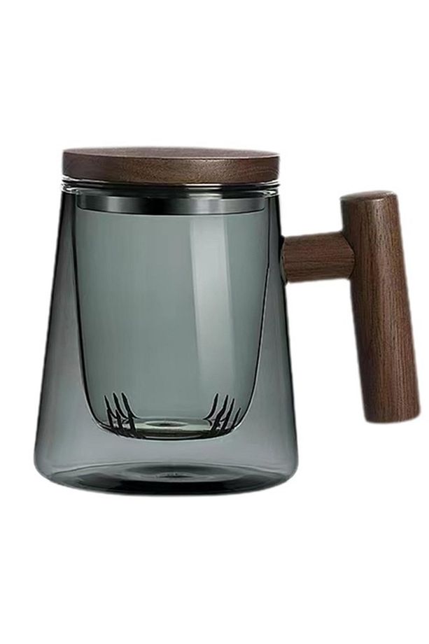 Borosilikat Cam Ahşap Saplı ve Ahşap Kapaklı Cam Süzgeçli Kupa 440 Ml - 1