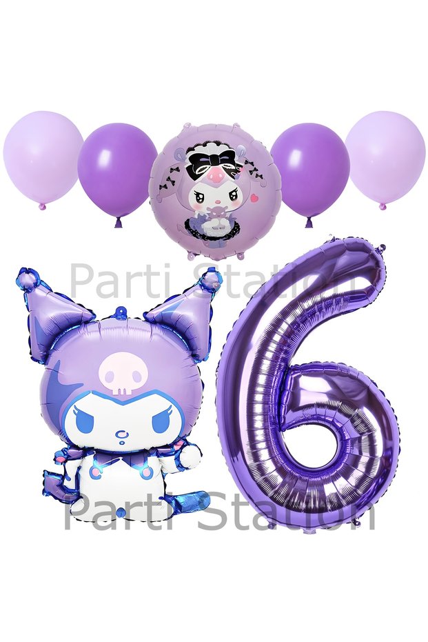 6 Years Old Purple Balloon Set - Kuromi and Hello Kitty Anime Concept Birthday Balloon Set