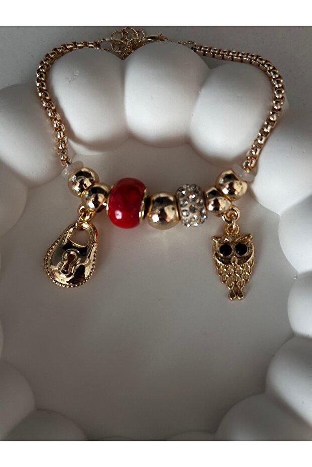 Orange Stone Lock and Owl Detailed Bracelet