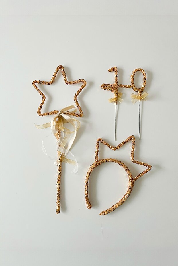 Sequin Sequined Crown Star Wand and Cake Decoration Set for Girl 10 Years Old - Gold