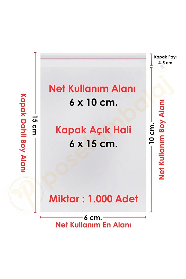 6x10+5 Cm. (6*15) 1.000 Adet Şeffaf Bantlı Yapışkanlı Jelatin Poşet - 1