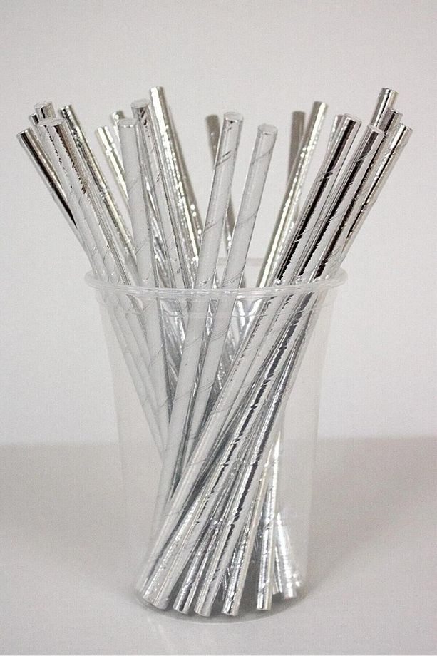 Parlak Metalize Gümüş Gri Kağıt Pipet 24 Adet Parti Doğumgünü Eğlence İçecek Pipeti - 1