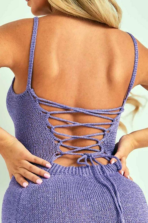 Kadın Askılı Sırt İp Bağcıklı Dekolteli Yırtmaçlı Uzun Örme Triko Elbise - 3
