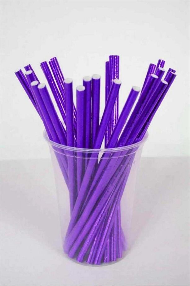 Parlak Metalize Mor Kağıt Pipet 24 Adet Parti Doğumgünü Eğlence İçecek Pipeti - 1