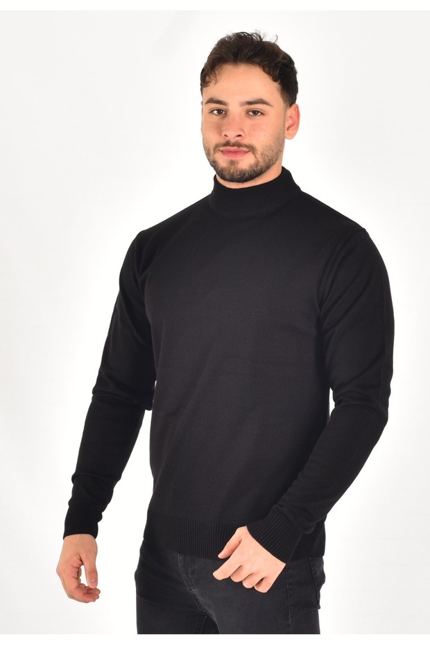 Black Slim Fit Men's Knitwear Sweater - Half Turtleneck