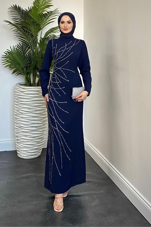Navy Blue Crepe Evening Dress - Candi Stone Detail