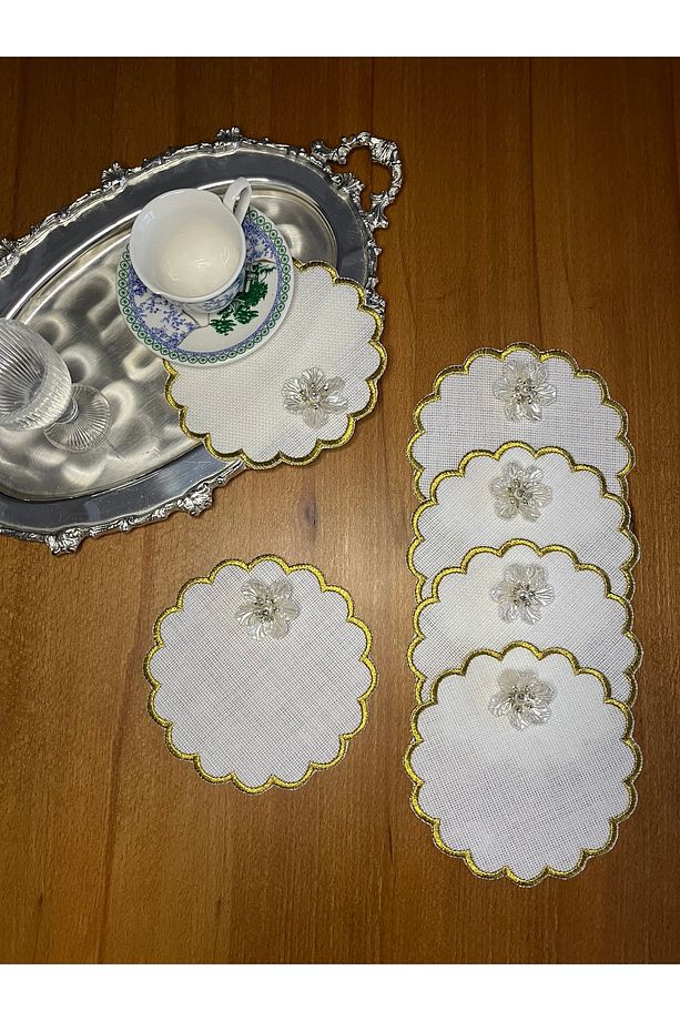 6 Adet Keten Altın Renk Şık Orkideli Papatya Desenli Kokteyl Sunum Peçetesi - 2