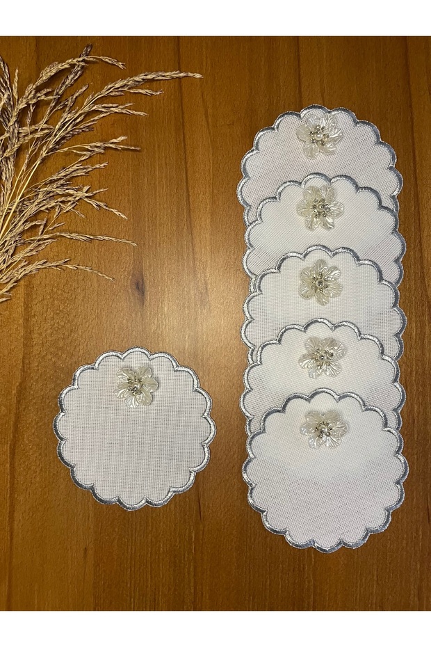 6 Pieces of Linen Silver Color Stylish Orchid Daisy Patterned Cocktail Presentation Napkins