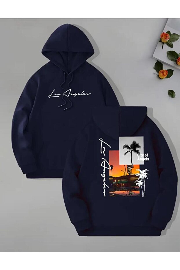 Back and Front Printed City of Angeles Pocketed Hooded Sweatshirt