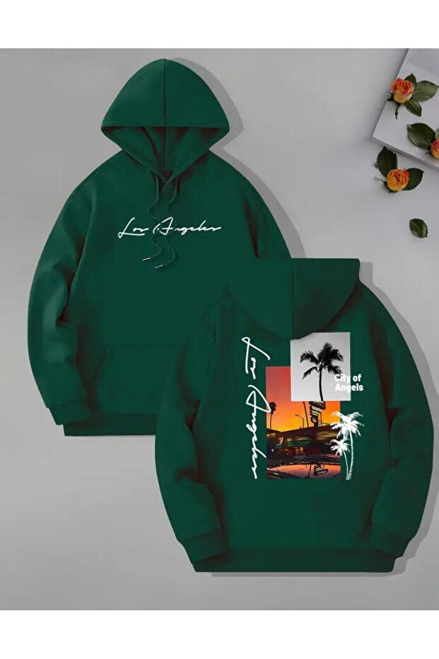 Back and Front Printed City of Angeles Pocketed Hooded Sweatshirt