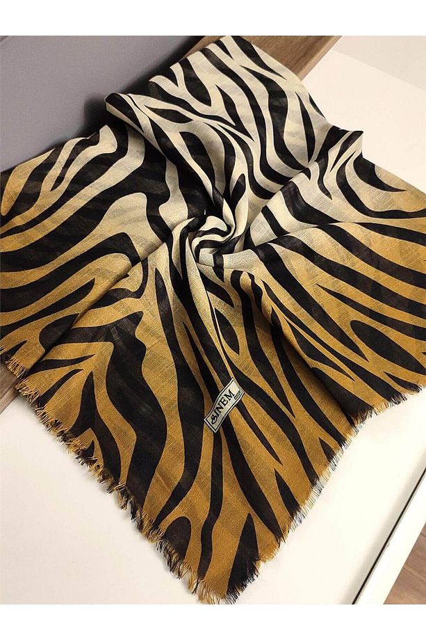 Hardal Zebra Desenli Keten Flamlı Eşarp Yazma - 1