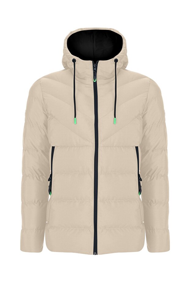 New Season Men's Cream Water and Windproof Hooded Thick Fur-Lined down Coat & Jacket