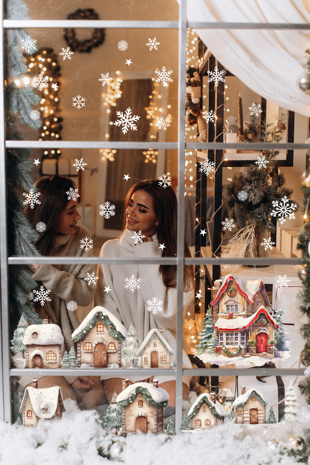 New Year's Special Snowy Houses, Wall Glass Sticker, New Year's Sticker Christmas Ornament