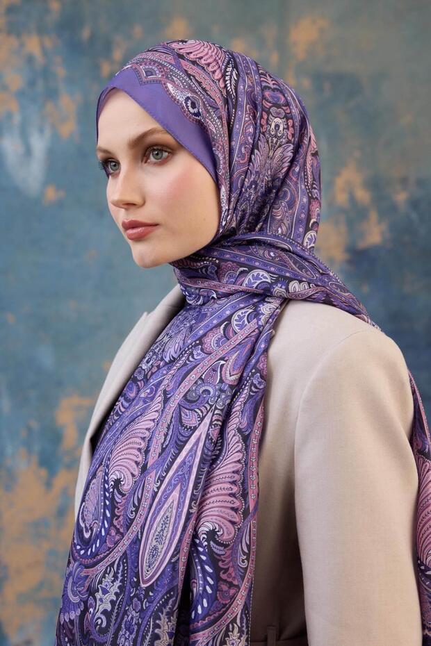 Şal Desen Vual Şal Lila Vual İpek Şal -  9801-04 - 3