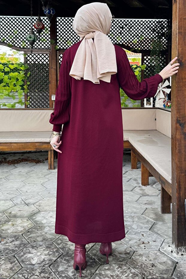 Ecem Bordo Triko Elbise - 9