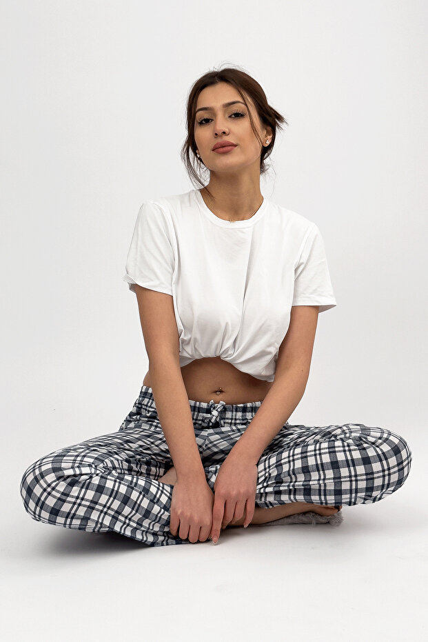Women's Pajama Bottoms with Ribbon, Super Laci White Square
