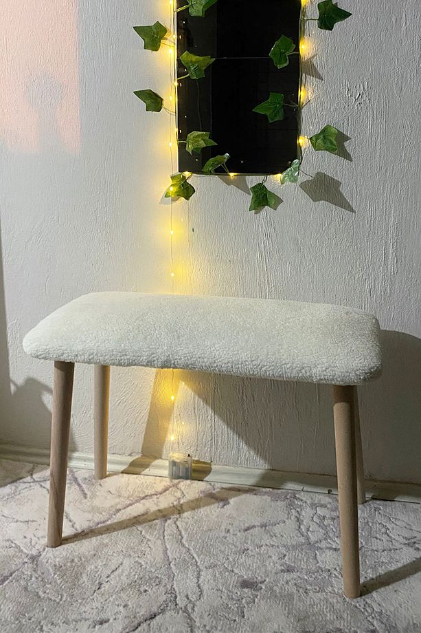 Ahşap Ayaklı Handmade Geniş Oturum Alanlı Krem Tedy Kumaş Pofidik Puf Bench Koltuk - 1