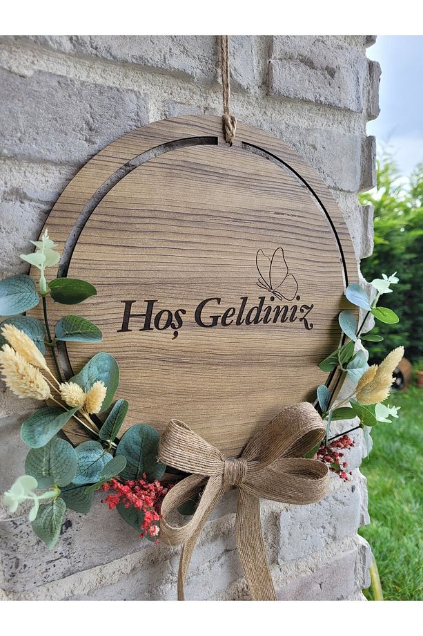 Okaliptus Hoş Geldiniz Kelebekli Ahşap Kapı Duvar Süsü  (30 CM ÇAP) - 4