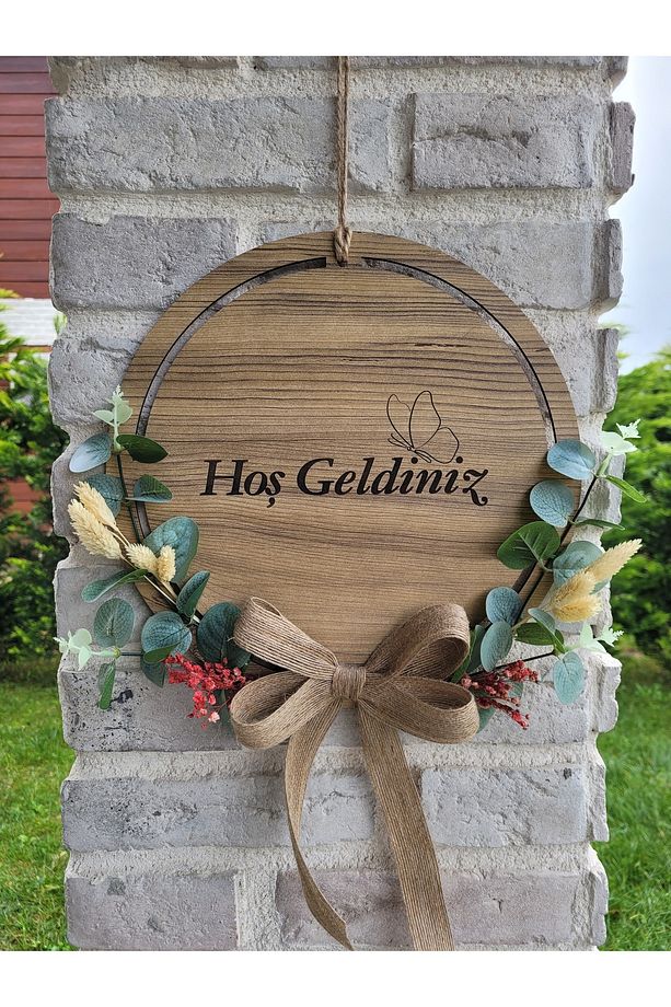 Okaliptus Hoş Geldiniz Kelebekli Ahşap Kapı Duvar Süsü  (30 CM ÇAP) - 3