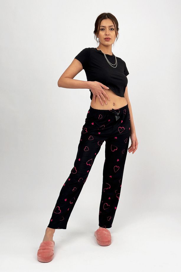 Fuşya Kalp Kadın Kadife Pijama Altı Eşofman Pamuklu - 4