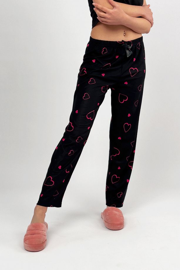 Fuşya Kalp Kadın Kadife Pijama Altı Eşofman Pamuklu - 7