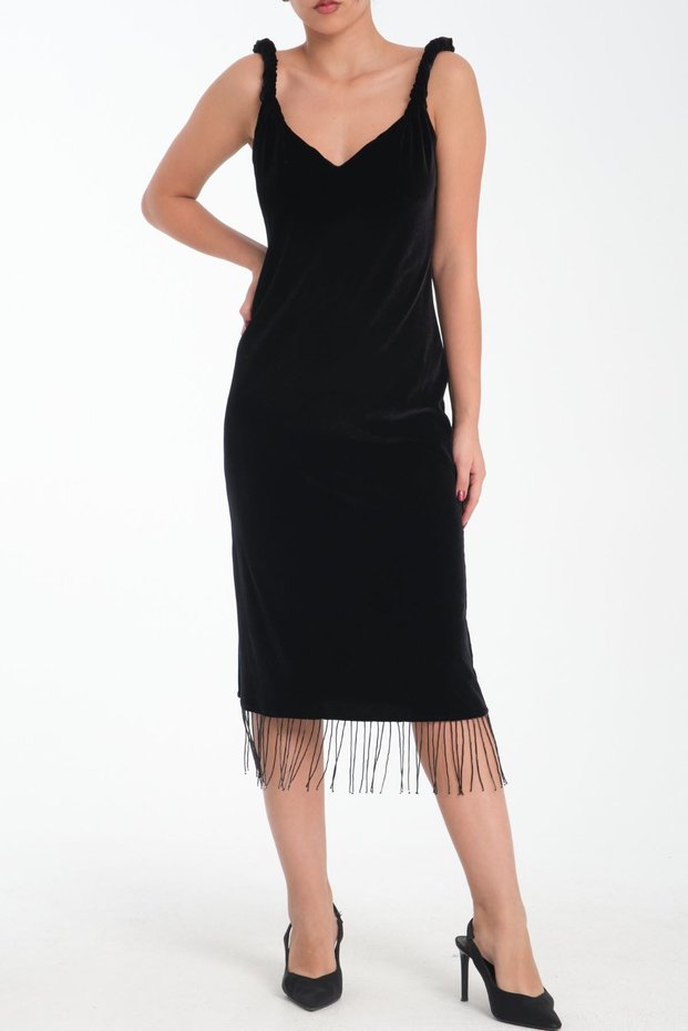 Special Design Velvet Dress with Askilari Twisted Skirt Edges, Beaded Fringe Detail