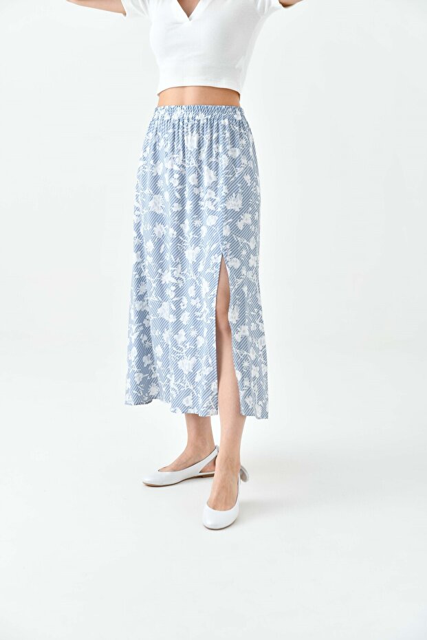 Blue A-Form Woven Skirt with Elastic Waist and Slits