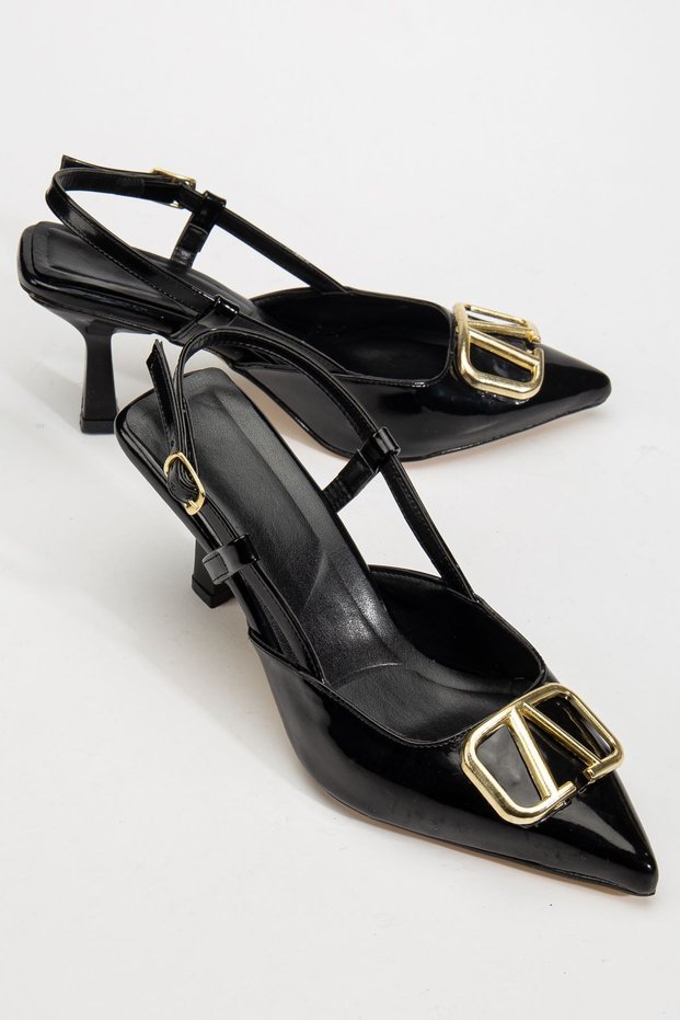 Lianne Black Patent Leather Buckle Detailed Thin Heeled Shoes