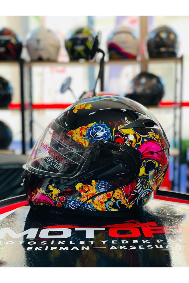 Virtue Chin-Open Sun Visor Ece 22.05 Safety Certificated Helmet Skull Rose Fire Detail Medium
