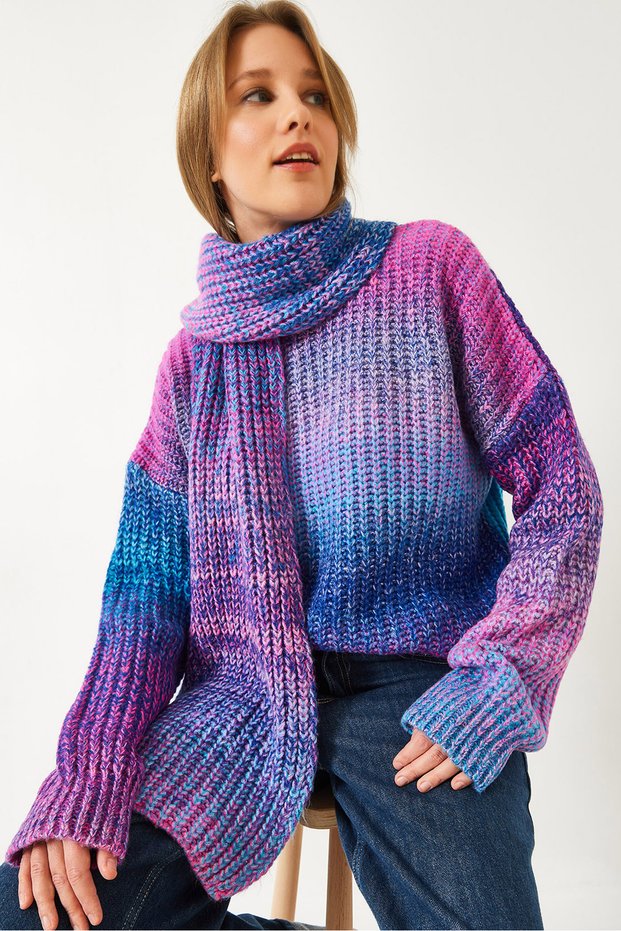 Women's Fuchsia Turquoise Crew Neck Knitted Scarf Sweater Tk241217 60261174
