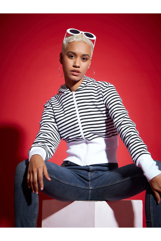 Striped Fleece Hooded Jacket with Contrast Hem