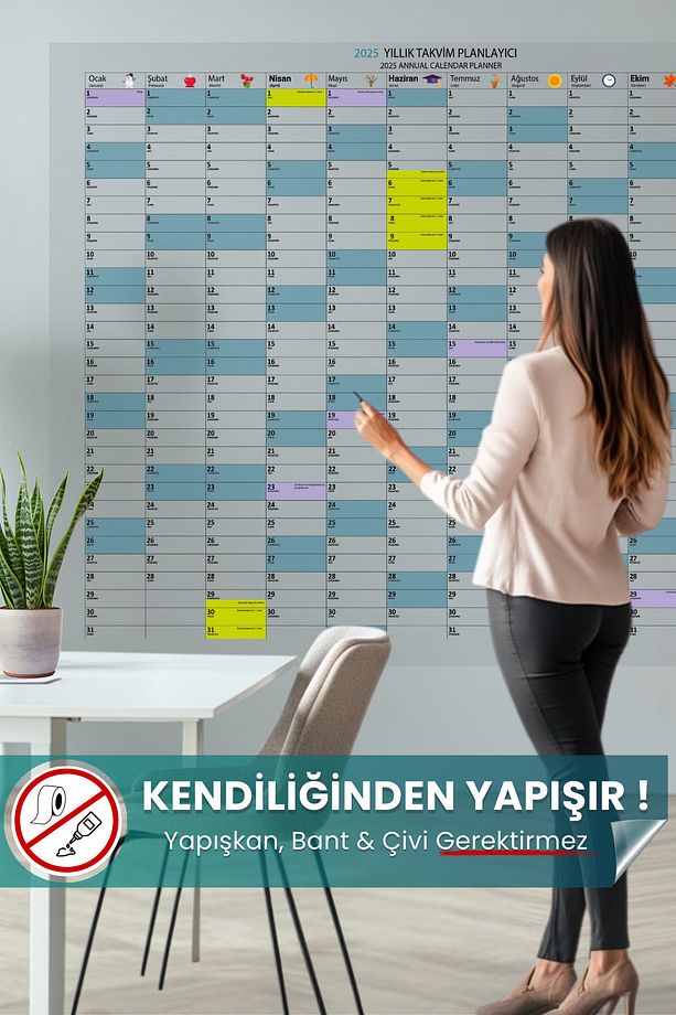 2025 Yıllık Takvim Planlayıcı Çizelgesi Yeri Değiştirilebilir, Statik Tutunan Pratik Akıllı Kağıt - 1