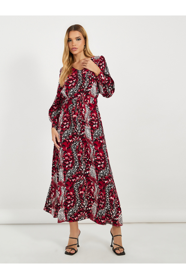 All-Over Print Long Sleeves A-Line Maxi Dress