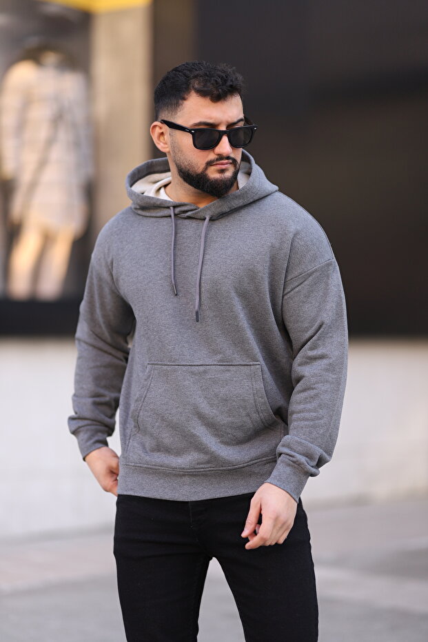Erkek Oversize Basic Kapüşonlu Sweatshirt Polar - 1