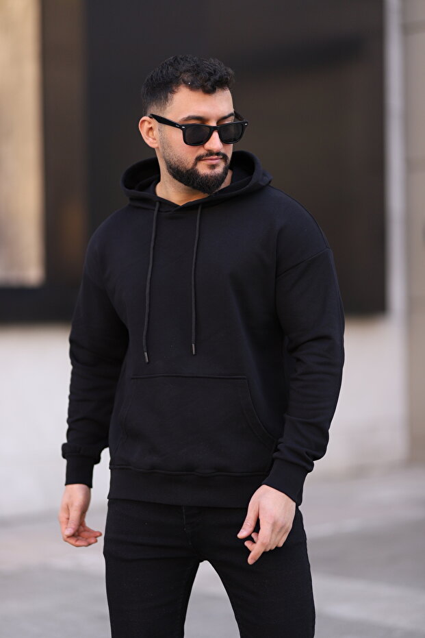 Erkek Oversize Basic Kapüşonlu Sweatshirt Polar - 1