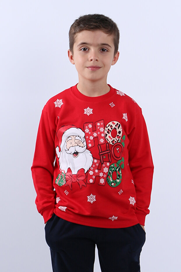 Children's New Year's Sweatshirt Santa Claus and Snowflake Printed Ribbed E29