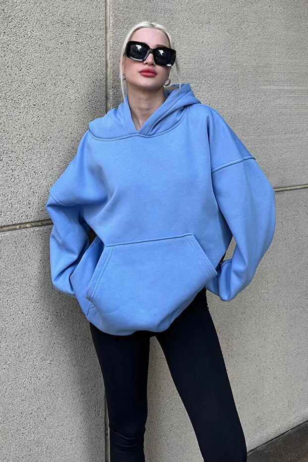 Blue Hooded Fleece-Lined Oversized Sweatshirt Mg1566