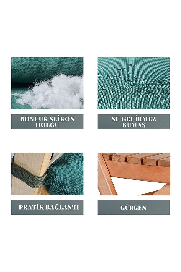 AHŞAP KATLANIR PUF MİNDERLİ 3 lü BİSTRO SET BAHÇE TAKIMI (NATUREL-YEŞİL) - 5