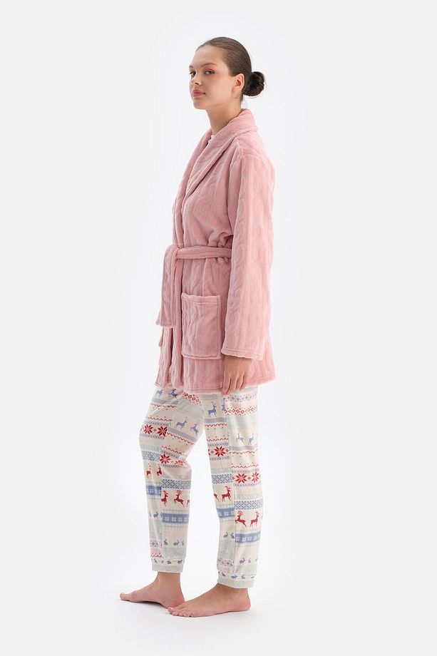Soft Pembe Örgü Görünümlü Puf Sabahlık - 3
