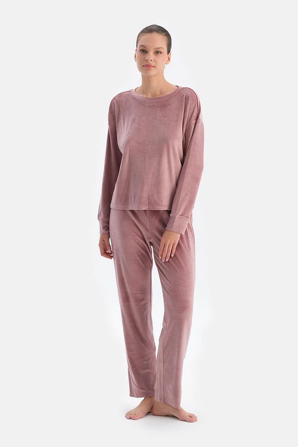 Gül Kurusu Uzun Kollu Bisiklet Yaka Kadife Pijama Takımı - 1