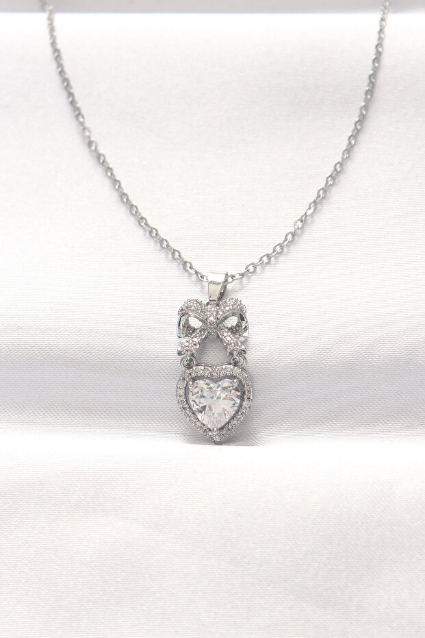 316L Steel Silver Color Zircon Stone Heart Bow Necklace Tj-Bko8519