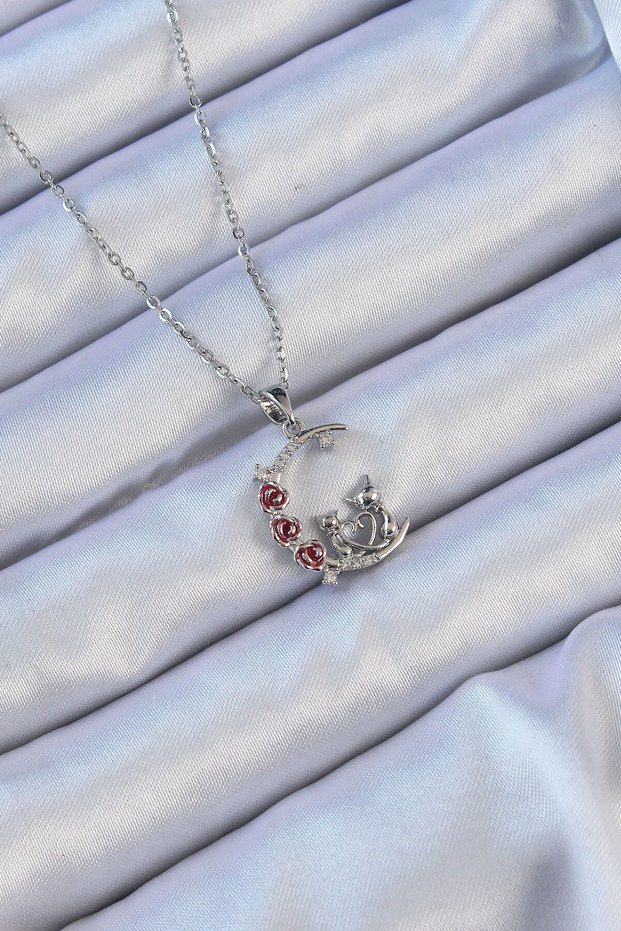 316L Steel Chain Silver Color Red Rose Detail Cat Figure Zircon Stone Moon Necklace Tj-Bko9130